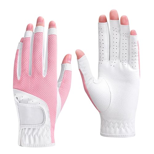 TINAYAUE Breathable Golf Gloves for Both Hands 1 Pair Womens Golfing Gloves Ladies Open Finger Golf Glove Left and Right Hand (Pink, Size 19)