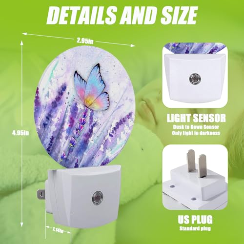 Image of Lavender Flowers Night Light,Watercolor Butterfly Night Lights Plug into Wall for Kitchens Toilets Bedroom Decorative Half Round Nightlight Led Lamp 0.5W Sleep Friendly