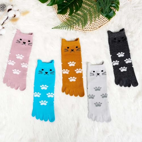 Image of ZAKASA Womens Toe Socks Funny Cat Dog Print Cotton Five Finger Socks Novelty Athletic Running Crew Ankle Socks Size 6-9