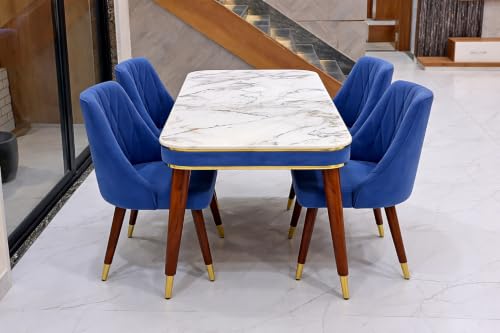 Image of WOODEN SPACE 4 Seater Wooden Dining Table Set | Urban Marble Top Dining Table with Chairs for Dining Room & Kitchen (Modern Frontline Navy Blue) (54 x 36 x 30 inch)
