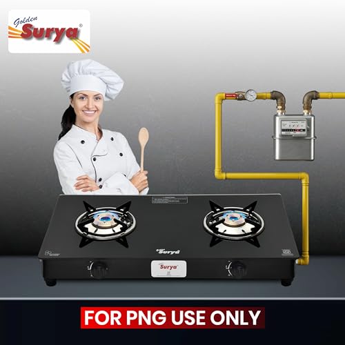 Image of Golden Surya 2 Burner PNG Gas Stove | Toughened Glass Top | Brass Burners | Manual Ignition | ISI Certified | Piped Natural Gas Compatible | 18 Months Warranty