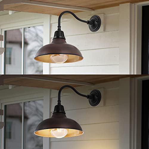 Image of JONATHAN Y 12.25 inch Black Farmhouse Industrial Outdoor Sconce, LED Gooseneck Wall Light for Porch, Metal Bowl Shade, Dimmable Vintage Exterior Fixture, LED Bulb Included (JYL7613B)