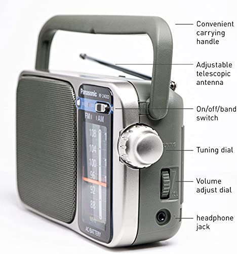 Radio portátil AM/FM RF2400D plateada con 4 pilas AA y cargador miniatura 5