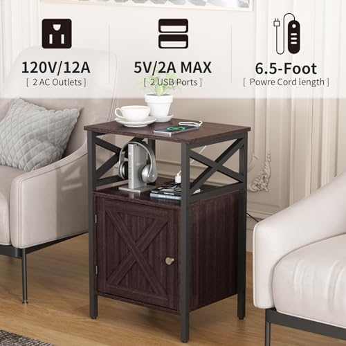 End Table with Charging Station, Side Table with Power Outlet & USB Ports, Nightstand with 2 Tiers Storage Space and Storage Cabinet, Sofa Side Tables for Bedroom, Living Room,Office, Cherry Red - Image 6