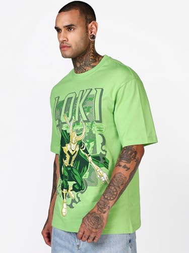 Image of Bewakoof X Marvel Loki Men's Cotton Graphic Print Oversized Fit Half Sleeve Round Neck T-Shirt | Casual Wear | Street Wear | Oversized t Shirt for Men Cotton | Baggy