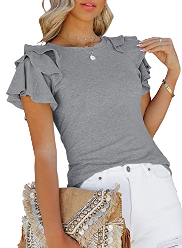 SHEWIN Womens Summer Tops Ruffle Short Sleeve T Shirts Casual Slim Fit