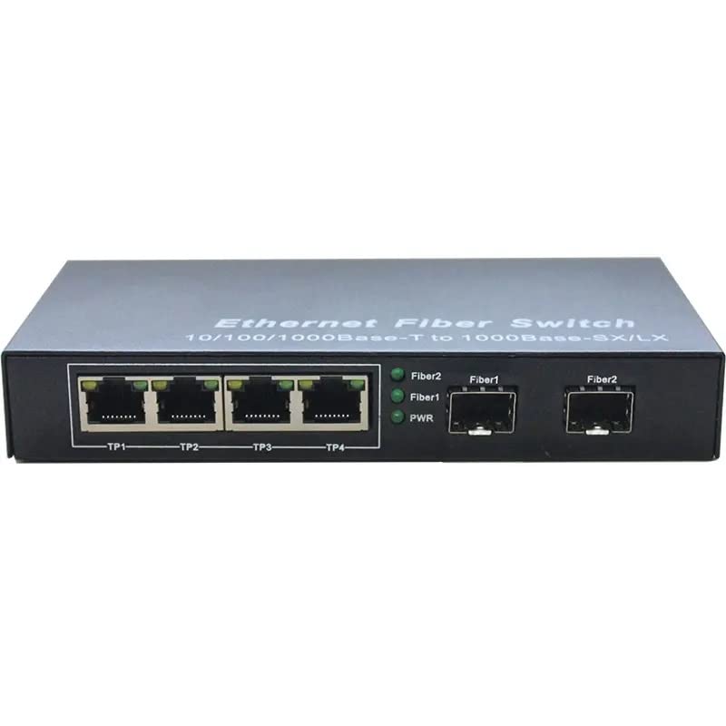 Hanutech 10/100/1000Mbps Unmanaged 2SFP 4RJ45 Etherent to Fiber Optic Switch Gigabit Media Converter 1000Mbps Fiber Optical Trasnceiver Switch