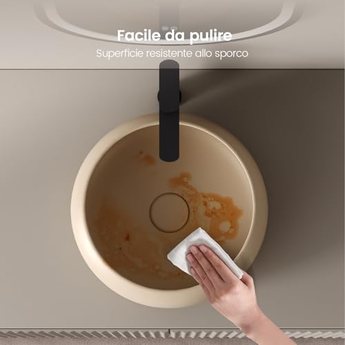 EMKE Aufsatzwaschbecken – Rundes Waschbecken aus Keramik, 36 x 36 x 12 cm, Aufsatzmontage, Beige matt, ideal für Bad und Gäste-WC
