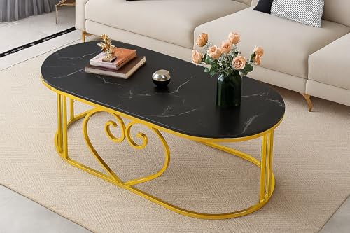 Image of Oval Accent Metal Centre Table with Marble Look Coffee Tables with Engineered Wood Top and Metal Frame, Contemporary Table for Office, Bedroom, or Living Room Golden Black