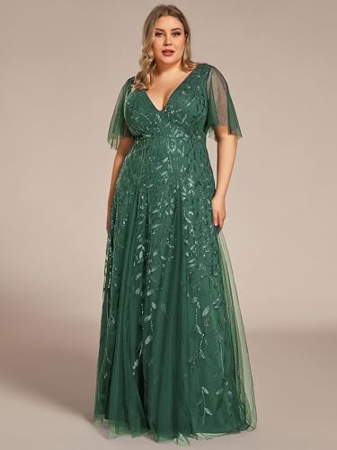Image of Ever-Pretty Women's Sequin V Neck Plus Size Formal Dresses Evening Gown | Short Sleeve, A-Line, Empire Waist, Plus Size Mother of the Bride Dresses, Plus Size Gala Dress
