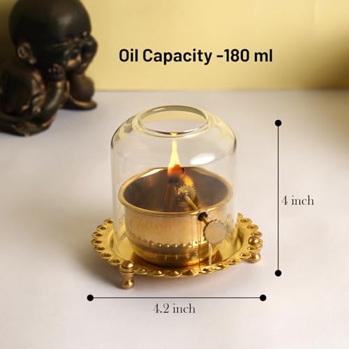 Image of Classyo Brass Akhand Diya with Adjustable Bati, with Screw Lever for Puja, Borosilicate Glass (4 inch, 180 ml Oil Capacity)