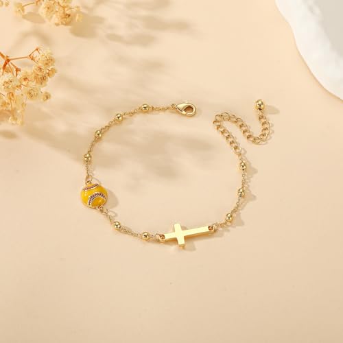 Image of Softball /Volleyball /Soccer /Basketball Football Bracelet for Girls Women, 14K Gold Plated Cross Link Chain Sport Accessories Christian Jewelry Gifts for Teens Team Coach Players