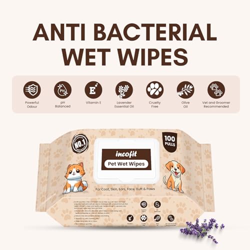 Image of Incofit Anti-Bacterial 100 Pulls Pet Wet Wipes for Dogs, Puppies, Cats, Rabbits & Small Pets | Powerful Odour, Vitamin E & Olive Oil | Anti-Itching | Cleansing, Deodorising & Grooming (Pack of 1)