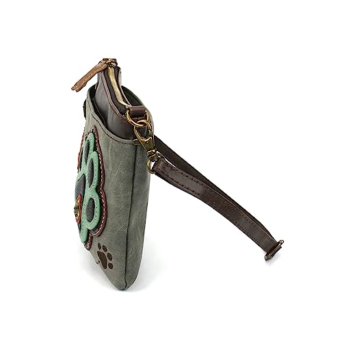 Chala Mini Crossbody Handbag, Multi Zipper, Pu Leather, Small Shoulder Purse Adjustable Strap - Teal Paw Print - Stone Grey #TOP1