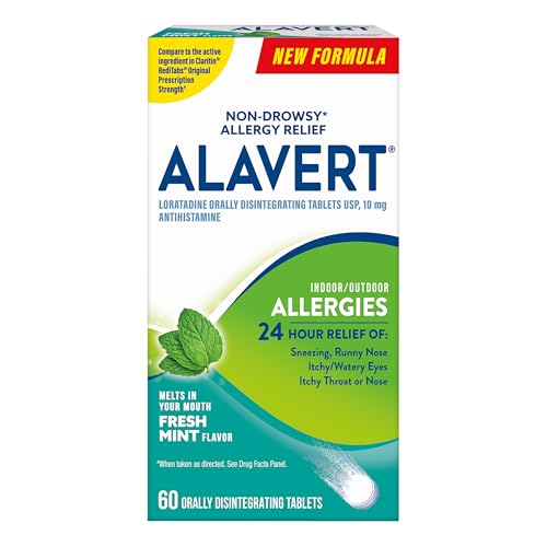 Alavert 24 Hour Allergy Relief Tablets Non-Drowsy Antihistamine Orally Disintegrating Allergy Tablets Loratadine 10 mg Fresh Mint Flavor 60 Count
