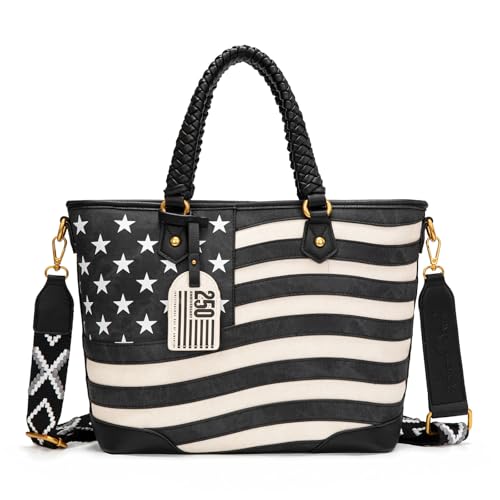 Montana West American Flag Tote Bag for Women Vintage Patriotic Western Shoulder Purse with Braided Top Handles and Crossbody Strap for Work Travel Everyday Use MW-HB-1385G-8317BK