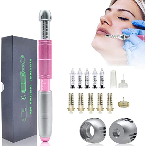 Hyaluron Injection Pen Kit 0.3ml/0.5ml Hyaluronic Acid Painless Needleless Injection Pen for Stretch Marks Acne Scar Skin Rejuvenation Tool with 10 Ampoule Head,Pink