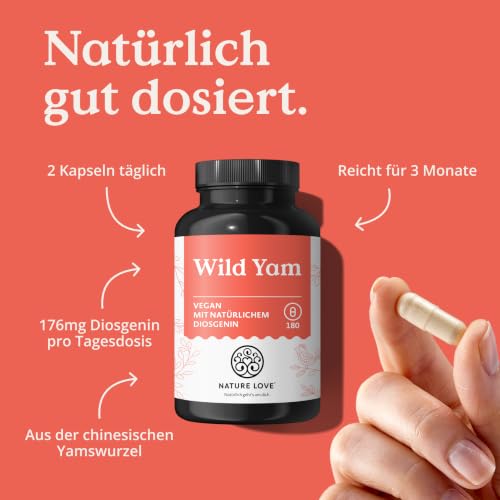 Foto von NATURE LOVE® Wild Yam Kapseln - 180 Wechseljahre Kapseln vegan - Hochdosiert mit 880mg Extrakt (davon 176mg Diosgenin) - laborgeprüft, ohne unerwünschte Zusätze und in Deutschland produziert