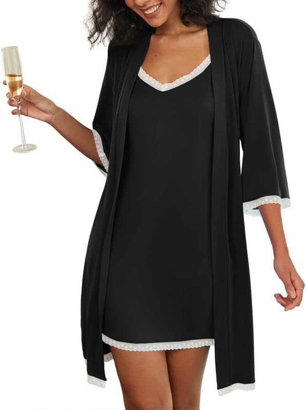 Ekouaer Women’s Nightgown and Robe Set 3/4 Sleeves Robes 2 Piece Bathrobe Set V-neck Lace Cami Sleepwear with Pockets S-2XL