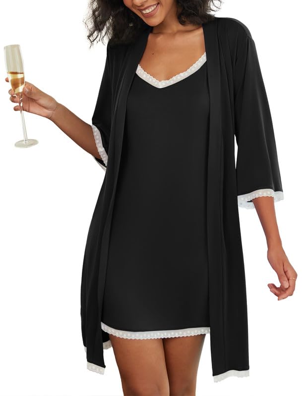 Ekouaer Women's Nightgown and Robe Set 3/4 Sleeves Robes 2 Piece Bathrobe Set V-neck Lace Cami Sleepwear with Pockets S-2XL