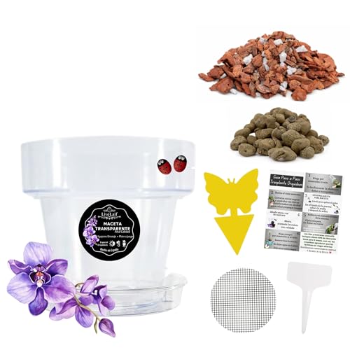 LiveLaif® Kit Transplante Orquideas: Maceta Orquidea Transparente ⊘12cm (Agujeros y Plato) + Sutrato Orquideas Premium con Corteza de Pino, Coco, Arlita, Perlita, Vemiculita, Abono NPK + Accesorios