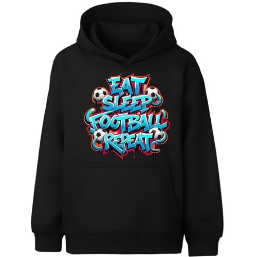Fringoo Gamer Hoodie Grey for Boys Cotton Rich Soft Hooded Sweatshirt for Boys Gaming Pullover Jumper with Kangaroo Pocket Age 5-13 (UK Age 12 Years 13 Years Regular Black - EAT Football)