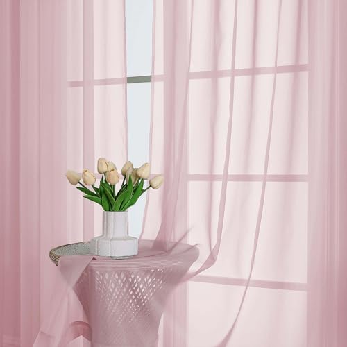Image of Chyhomenyc Extra Long Blush Pink Sheer Curtains 108 Inches Long 2 Panels, Light Filtering Curtains for Living Room, Soft Gentle Voile Rod Pocket Bedroom Window Drapes, 59Wx108L Inch, 9FT, 2PCS