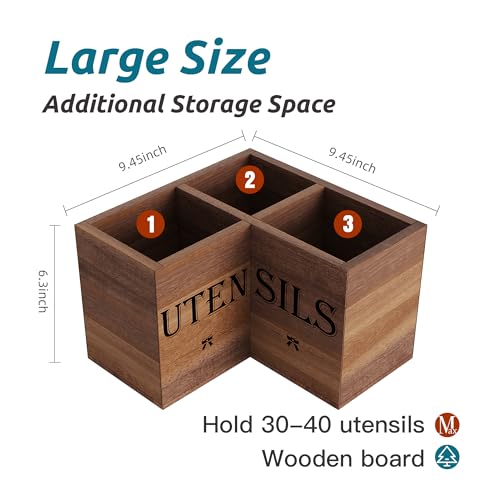 Image of Suli Extra Large Kitchen Utensils Holder with 3 Compartments,Corner Utensil Caddy for Countertop,Acacia Wood Utensil Organizer for Kitchen Countertop, Farmhouse Decor-Acacia Brown