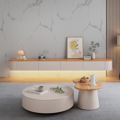Image of Floating TV Stand Wall Mounted - Wall Entertainment Center with Flip-Down Doors & Drawers, Modern Hanging TV Shelf for Living Room, Media Console for 65 /75 80 Inch TVs (White+Wood- B, 78.7IN /200CM)