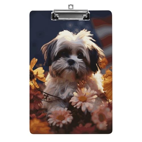 プラスチッククリップボード 薄型クラシック シーズー 犬と花 プリント アクリルメタルクリップボード A4用紙サイズ (長さ12.5インチ x 幅8.5インチ) オフィス、学生、教師、看護師に最適
