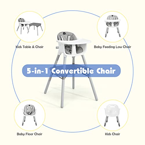 Image of HONEY JOY 5-in-1 High Chair, Convertible Highchair for Babies and Toddlers /Kids Chair Table Set /Infant Feeding Chair w /Safety Harness, PU Leather Cushion & Removable Food Tray (Gray)