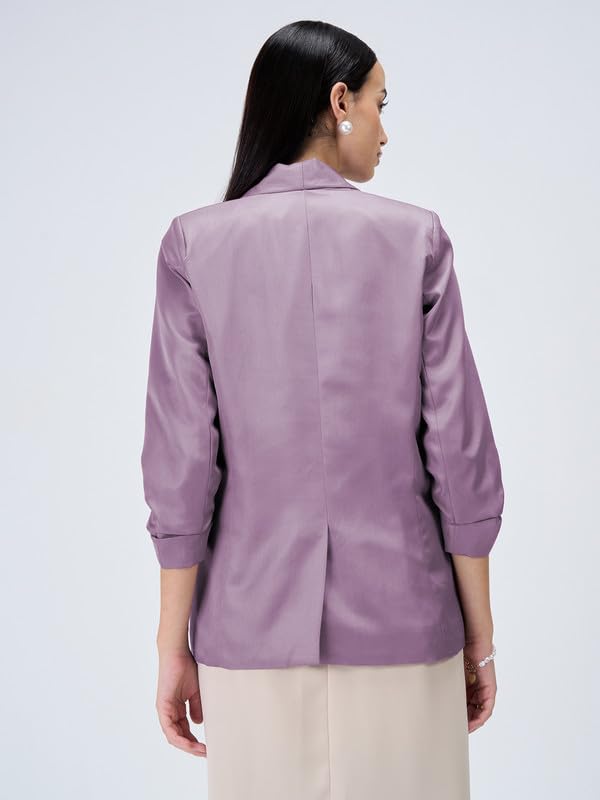 Iconic-Mauve Ruched Sleeve Blazer for Women, Viscose-Suiting, Shawl Collar, 3/4th Sleeves, Imported3