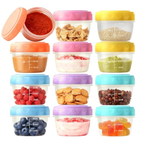 Wxeadu 12 Pièces Petite Boite Plastique Alimentaire,80ML Petite Boite Plastique Alimentaire avec Graduation,Réutilisable Pot Plastique avec Couvercle pour Compotes/Purées/Yaourts