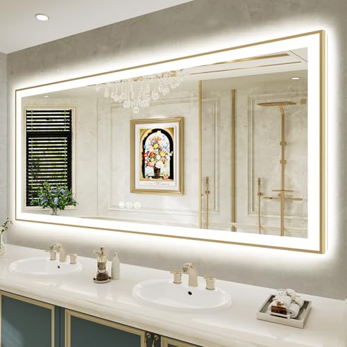 Image of 77x36 LED Bathroom Mirror with Lights, Gold Framed Lighted Mirror | Backlit and Front light, Anti-Fog, 3 Color Dimmable, Memory, Tempered Glass, IP54 Waterproof, UL Listed