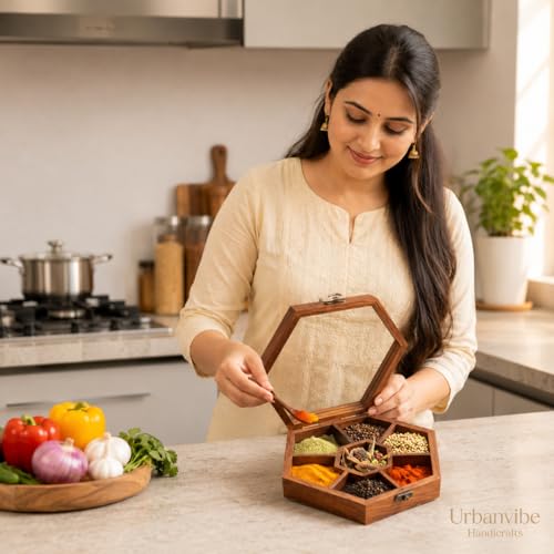 Image of Wooden Spice Box with 7 Compartments | Handmade Masala Dabba for Kitchen Storage | Premium Wooden Spice Organizer with Transparent Glass Lid | Multipurpose Storage Box