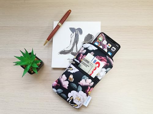 Image of Tainada Women Cell Phone Neoprene Shockproof Zipper Sleeve Case Bag Pouch w /Carabiner, Neck Lanyard, Belt Loop Holster for iPhone 17 /16 Pro Max, 16 Plus, 16e ; Samsung S25+, S24, A56 (Black Floral)