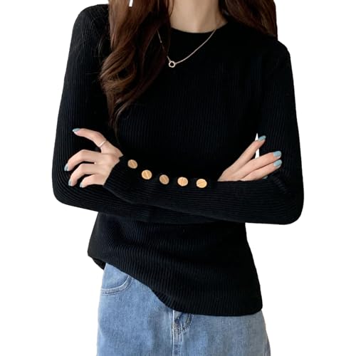 Suéter de otoño con cuello redondo y puños de botón para mujer, elástico, ajustado, para negocios, casual, trabajo, ropa de invierno, Negro, Altoa única