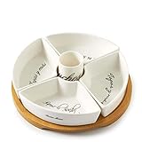 Riviera Maison - Tapas y Más Party Plate - Tapas-Schale mit Separaten Fächern und Text - Servierschale - Getränkeservice - Porzellan, Holz - Weiss Weiss - (ØxH) 22x7