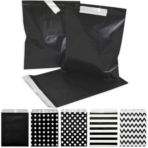 Frau WUNDERVoll® 25 Papiertüten schwarz, 13 x 16,5 cm, 45 Gramm Papier, flach/Candy Bar, Hochzeit, Kindergeburtstag, Papiertütchen, Candybag, Tüten, Mitgebseltüten