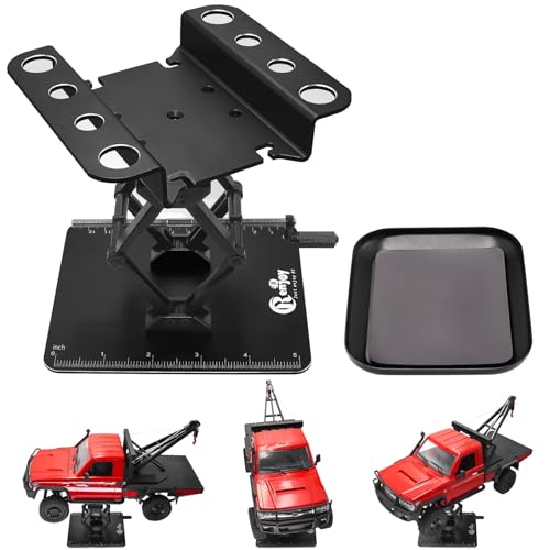 360° Rotating RC Car Work Stand, Aluminum RC Repair Workstation Lift Lower with Screw Tray, Adjustable Height RC Stand for 1/8 1/10 1/12 Traxxas TRX4 Axial Arrma Redcat RC Crawler Truck, All Black