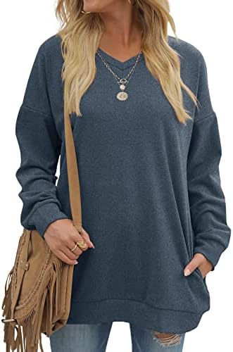 OFEEFAN Womens Tops Oversized Pockets Long Sweatshirt Winter Sweaters Blue 3XL
