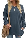 Tops for Women Long Sleeve V Neck Basic Oversized Sweatshirts Blue XL