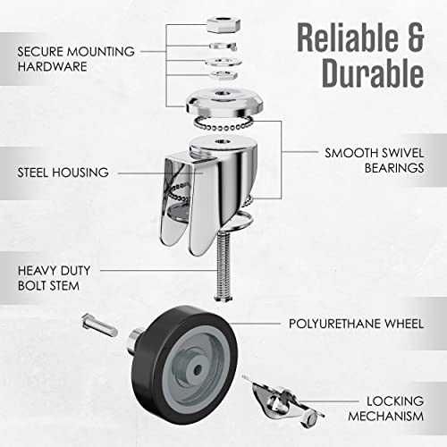 Houseables Caster Wheels, Casters, Set Of 4, 3 Inch, (Screw Diameter 3/8"-16, Length 1.5"), Rubber, Heavy Duty, Threaded Stem Mount Industrial Castors, Locking Metal Swivel Wheel, For Furniture, Cart #TOP3
