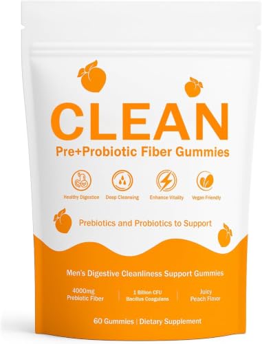 VCFBBG Clean Prebiotic Fiber Gummies for Men Peach Flavor Sugar-Free Pre+Probiotic Fiber Gummies Gut Health & Digestive Support Mens Prebiotics and Probiotics Gummy 60 Count