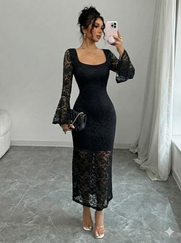Image of Women Black Lace Bodycon Midi Dress | Square Neck Full Sleeve Dress | Slim Fit Evening & Cocktail Dress for Party, Birthday, Date Night & Wedding