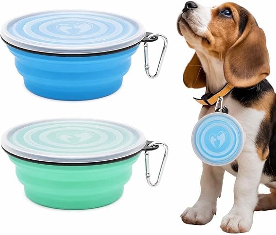 2 Folding Bucket for Pets Silicone 350 ml, Portable Travel Drinking Feeder without BPA (Light Blue, Green)