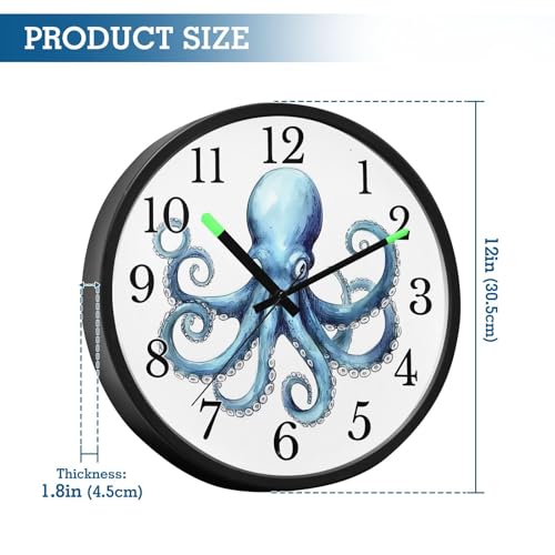 Horloge murale phosphorescente pieuvre aquarelle côtière et silencieuse - 5