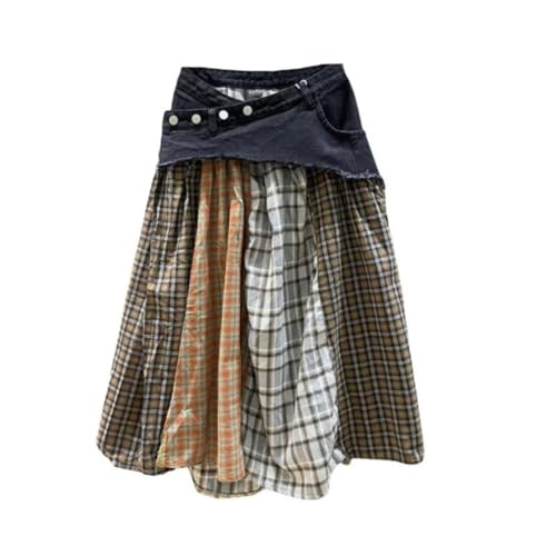 Women Denim Skirt Patchwork Contrast Color Plaid Print Split Buttons A-Line High Waist Long Skirts4