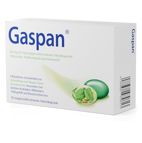 Gaspan 42 Kapseln Natürliche Unterstützung bei Magen-Darm-Beschwerden mit hochdosiertem Pfefferminz- & Kümmelöl bei Blähungen Krämpfen & Völlegefühl magensaftresistent