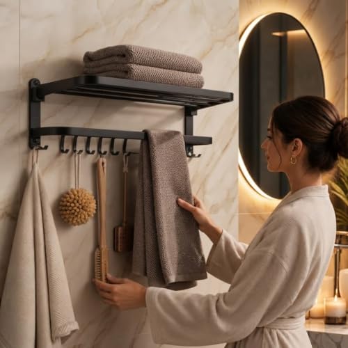 Image of Well Set Stainless Steel Foldable Towel Rack for Bathroom | Wall Mounted Towel Holder with Shelf | Durable Rust-Free Space Saving Bathroom Accessory